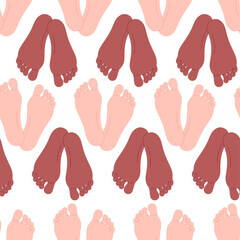 Foot seamless pattern. Human body parts, person rest. Caucasian and afro american legs. Abstract print for fabric, wrapping, web backdrop, vector background