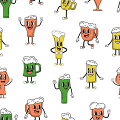 Groovy beer glasses characters. Comic glass with drinks with foam. Retro style creatures. Oktoberfest seamless pattern template, vector background