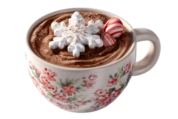 Festive Hot Chocolate with Marshmallow Snowflake and Candy Cane on transparent background