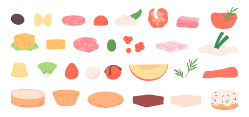 Ingredients for canape and mini food for buffet or party dinner. Different delicious products. Fresh fruits and vegetables, cheese, salmon, bread, vector clipart