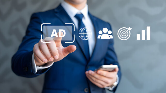 Business professional touches advertising icon, illustrating global digital marketing strategy and team collaboration for targeting business goals.