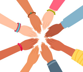 Teamwork Success. Teamwork Hands Diversity Unity Skin Community Friendship Top view business people group team happy teamwork and joining hands or giving five after meeting partner business in office.