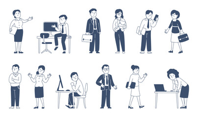 Office characters doodle style. Business people work process, communication. Managers at job and employees with documents, flat recent vector set