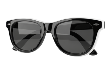 Stylish black and white sunglasses with reflective lenses on transparent background