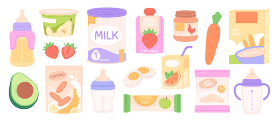 Baby food. Sweet healthy and natural nutrition for toddlers. Children cookies, bars, puree and porridge in different packaging. Kids feed racy vector set