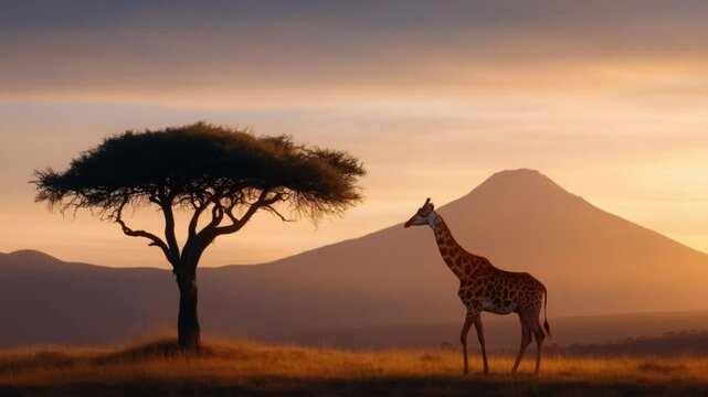 sunset giraffe in African wildlife landscape, serene safari view with acacia and giraffe, giraffe in African savanna at sunset, majestic giraffe with acacia tree and mountain 