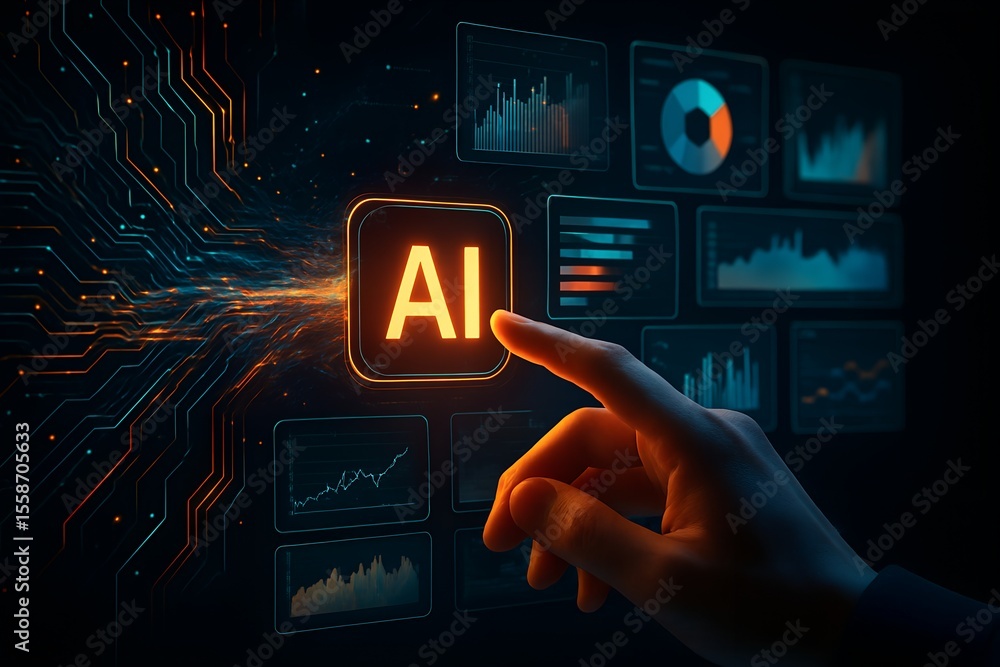 Poster human finger touching glowing ai button surrounded by digital data visualizations