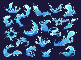 Blue water cartoon splashes. Liquid waves, ocean or sea shapes. Drinking elements, isolated splash and spirals. Decorative watering nowaday vector elements