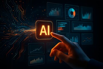 Human finger touching glowing ai button surrounded by digital data visualizations