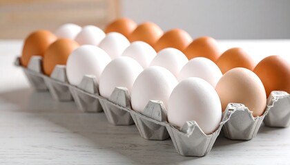 Dozen eggs in carton on table