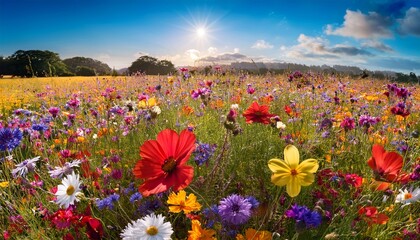 a vibrant field of colorful wildflowers in full bloom displaying a mix of red yellow purple blue and white petals © Emma