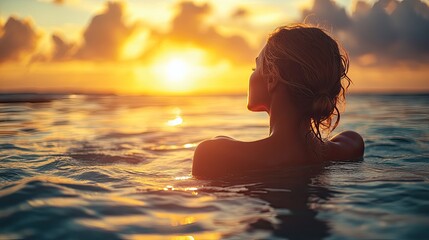 Woman relaxing in pool during golden sunset for luxury lifestyle and tropical vacation imagery