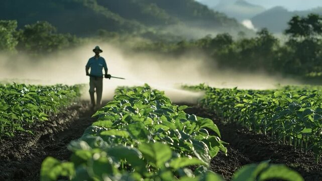 Cultivating the Earth: A solitary farmer, with hat and sprayer in hand, tends to his crop rows. The image depicts a landscape of diligent labor and connection to nature