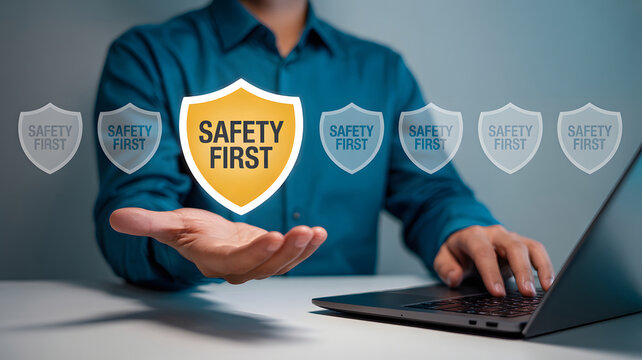 Businessman presents safety first concept with shields, emphasizing security and protection in a technological and business environment.