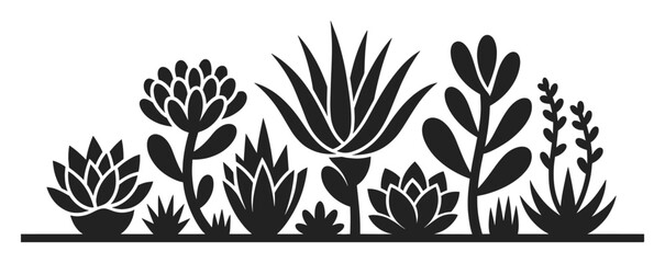 Assorted succulent and desert plants in garden row, black silhouette vector illustration. Decorative botanical set featuring aloe, echeveria, and leafy foliage.
