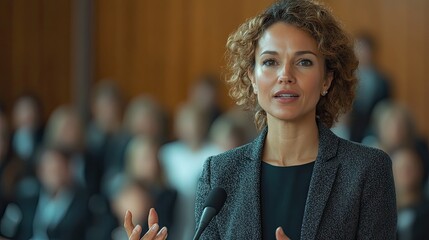 Woman Speaking Passionately at Conference Podium with Audience Listening Attentively in Modern Business Hall