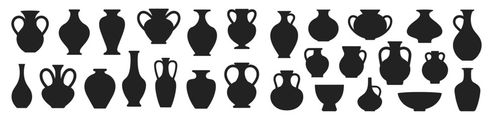 Set of various ancient pottery and vase silhouettes in classic shapes, vector illustration. Includes amphora, urns and ceramic vessels with wide and narrow openings.
