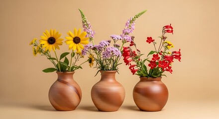 Still life of sunflowers lavender and red flowers in vases on a beige background studio shot art decor 100
