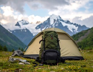 Camping tent and backpack in mountains