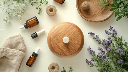 Wooden aroma diffuser with essential oil bottles flatlay, home fragrance and wellness scene with clean design
