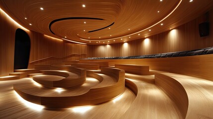 Wooden auditorium interior with curved seating, showcasing modern design