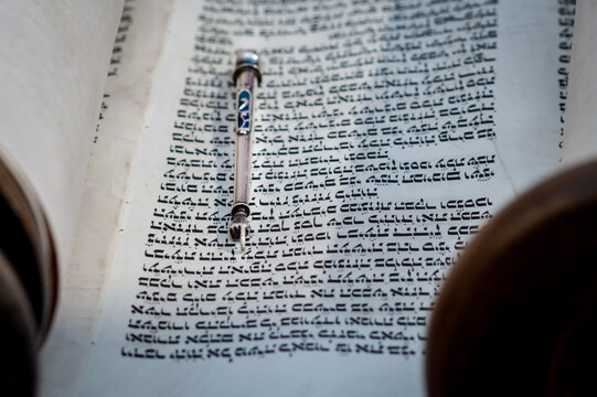 Closeup of a yad or pointer used to guide the Torah reader through the Hebrew text when chanting the Biblical verses.