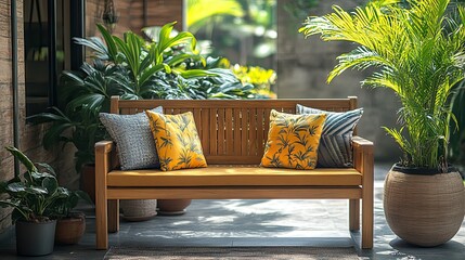 Wooden bench with plush cushions, inviting relaxation in outdoor space
