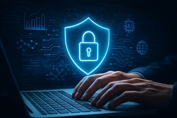 Hands typing on a laptop with a glowing digital shield and padlock symbol