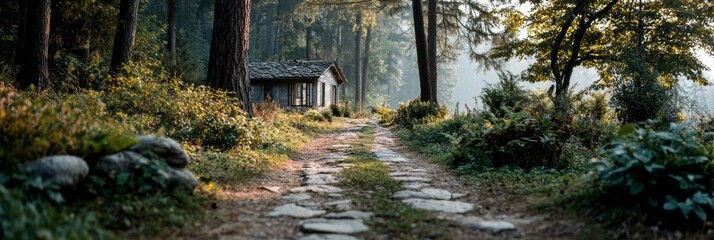 Banner with stone trail winding through lush forest to cozy cottage as symbol of peaceful isolation and natural refuge
