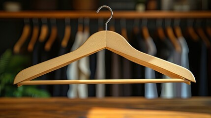 Wooden clothes hanger holding neatly arranged garments, promoting organization