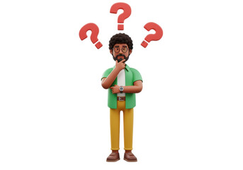 Cartoon man with question marks pondering a problem isolated on transparent background
