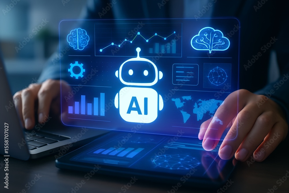 Poster person interacting with futuristic ai interface displaying charts and data visualizations