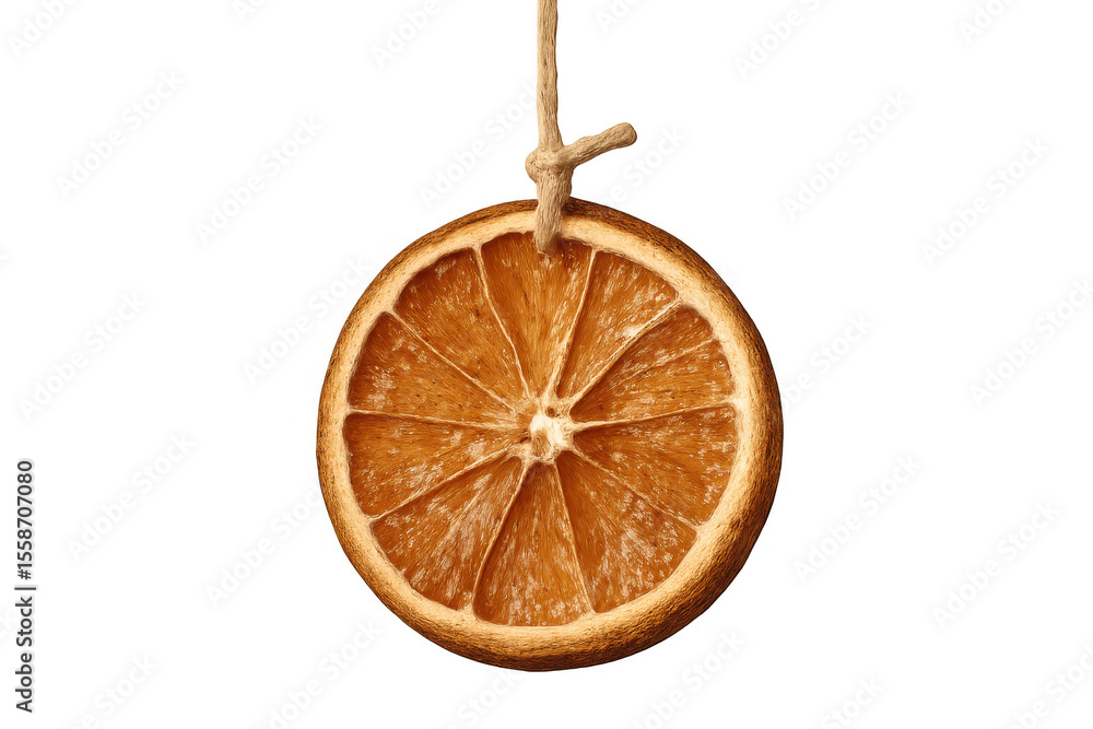 Poster single slice of dried orange hanging from a string against a transparent background, creating a rust