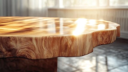 Wooden table with glass reflections in daylight, minimal modern interior design scene with natural materials