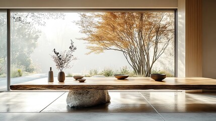 Wooden table with glass reflections in daylight, minimal modern interior design scene with natural materials