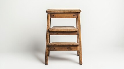 Wooden three-step stool against white background, showcasing simplicity