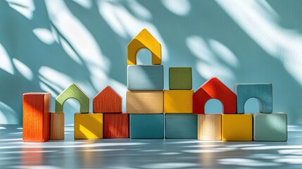 Wooden toy blocks arranged in sunlight on clean background for educational or child concept