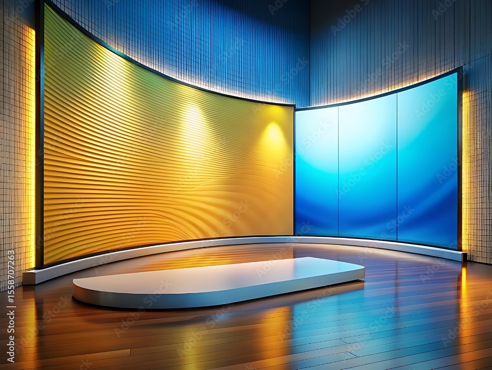 Poster modern virtual studio set with curved screens and platform