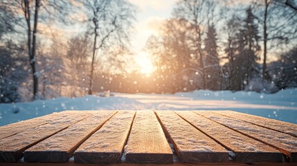 Wooden winter table under open sky with snow decor for outdoor seasonal scene or cozy event