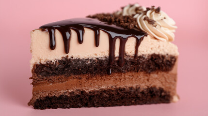 Chocolate and Vanilla Layered Dessert Slice with Drizzle and Cream Topping