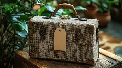 Woven suitcase with kraft tag flatlay, travel concept with natural materials, vintage style and eco-friendly focus