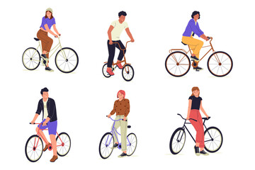 Flat Illustration set of People Biking in Urban and Casual Style. Illustrations for websites, landing pages, mobile apps, posters and banners