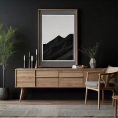Blank mock up poster frame on black wall. Wooden cabinet and shelf