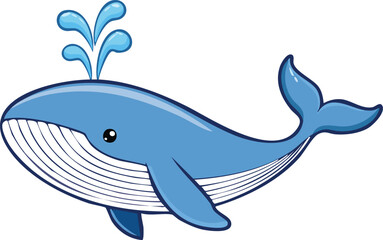 Cartoon whale illustration with water spouts, showing a friendly and stylized depiction of a whale.