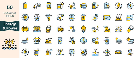 Collection of 50 colored icons representing energy and power themes, featuring solar panels, batteries, and light bulbs, showcasing innovative solutions.