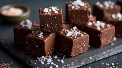 Chocolate Fudge Squares with Salt on Dark Slate Serving Platter