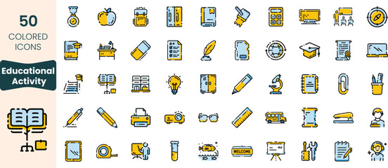 Collection of educational icons featuring tools, stationery, and symbols, perfect for representing learning and academic activities.