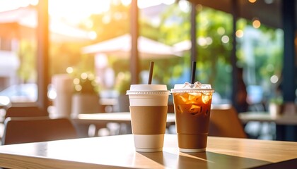 Iced coffees on a cafe table