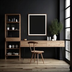 Blank mock up poster frame on black wall. Wooden cabinet and shelf
