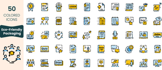 A diverse collection of 50 eco-friendly packaged educational icons, featuring illustrations of quizzes, lessons, and online polls, suitable for various learning activities.